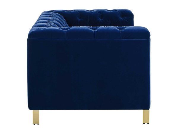 Charlene Blue Velvet Button Tufted Rolled Arm Chesterfield Loveseat For Sale