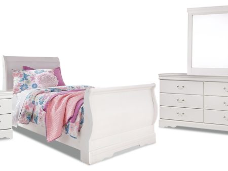 Anarasia Twin Sleigh Bed with Mirrored Dresser and Nightstand in White Online