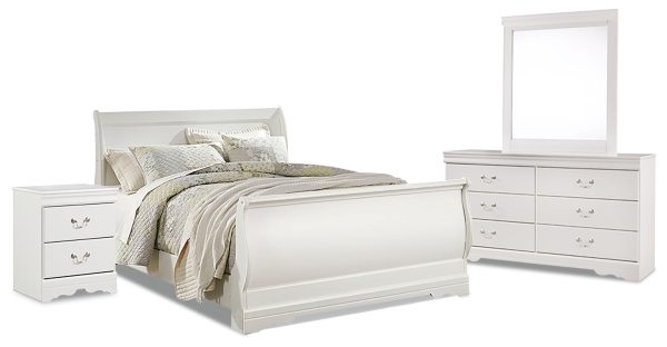 Anarasia Queen Sleigh Bed with Mirrored Dresser and Nightstand in White Sale