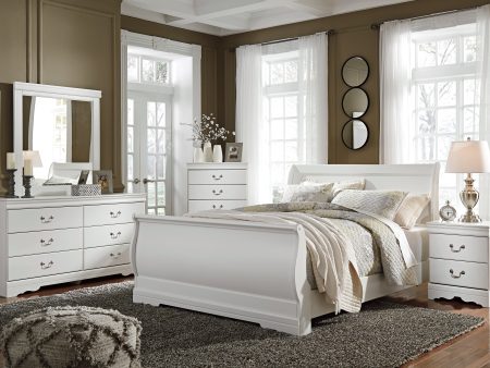 Anarasia Queen Sleigh Bed with Mirrored Dresser, Chest and Nightstand in White Sale