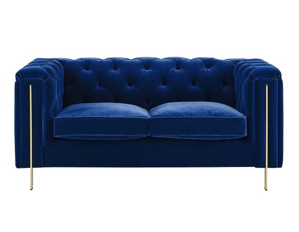 Charlene Blue Velvet Button Tufted Rolled Arm Chesterfield Loveseat For Sale