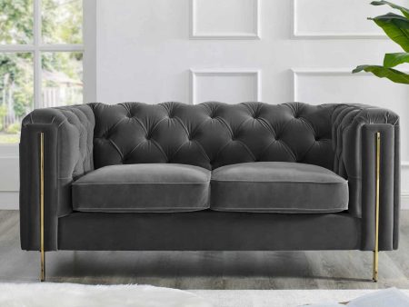 Charlene Gray Velvet Button Tufted Rolled Arm Chesterfield Loveseat For Sale