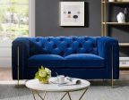 Charlene Blue Velvet Button Tufted Rolled Arm Chesterfield Loveseat For Sale