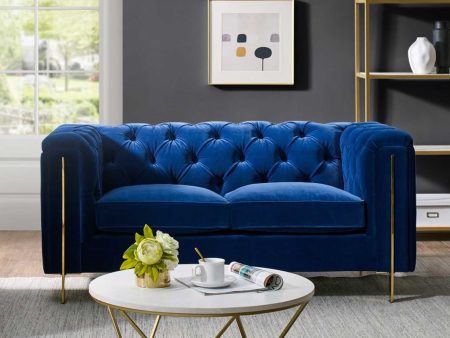 Charlene Blue Velvet Button Tufted Rolled Arm Chesterfield Loveseat For Sale