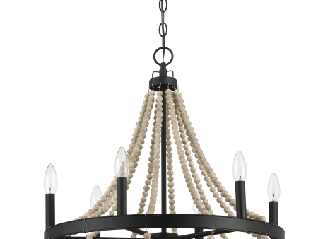 Starry Wood Chandelier Farmhouse Six Candle Light Wood Beaded Black Pendant Light for Dining Room Cheap