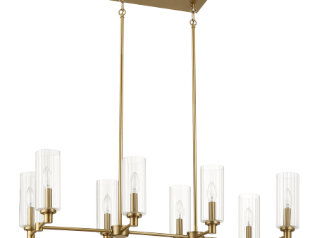 Willow Eight Lights Island With Clear Ribbed Glass Pendant Lamp - Satin Brass For Sale