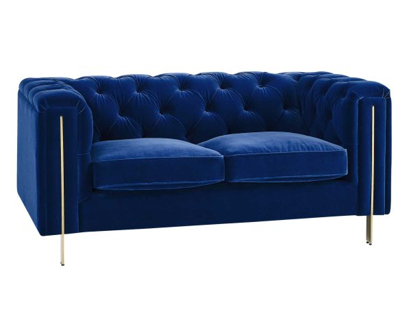 Charlene Blue Velvet Button Tufted Rolled Arm Chesterfield Loveseat For Sale