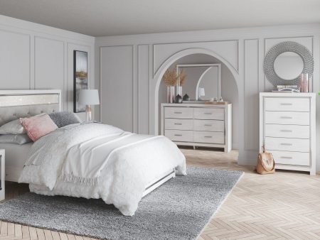 Altyra Queen Panel Headboard Bed with Mirrored Dresser, Chest and 2 Nightstands in White For Sale