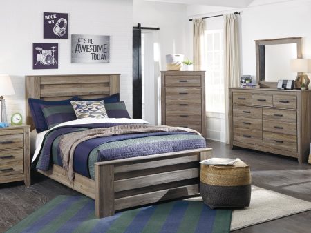 Zelen Full Panel Bed with Mirrored Dresser, Chest and Nightstand in Warm Gray For Cheap