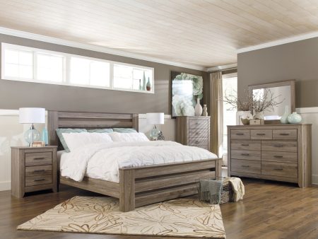 Zelen King Panel Bed with Mirrored Dresser, Chest and 2 Nightstands in Warm Gray For Sale